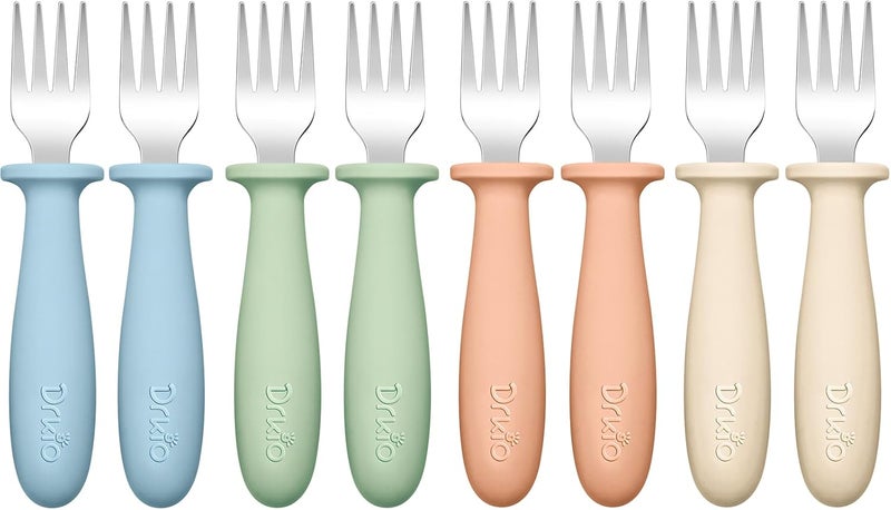 DRKIO 8 Pieces Toddler Forks Set - Baby Forks with Silicone Handle Children safe 18/8 Stainless Steel Toddler Utensils Set for Self Feeding Kids Silverware Anti-Choke Design Food Grade Dishwasher Safe - Image 1